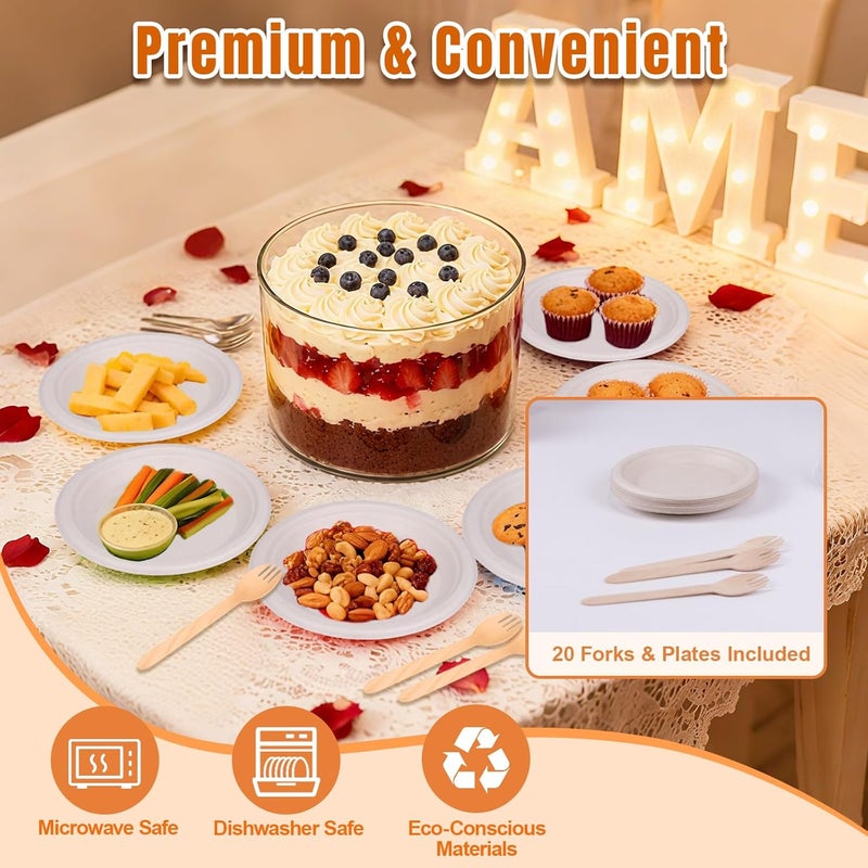 DigNew 141oz Trifle Bowl with Lid, High Borosilicate Glass Serving Bowls with Lids & Bamboo Cover, 2-in-1 Pedestal Salad Bowl & Trifle Dish, 20 Forks & Plates Included for Party - Image 3